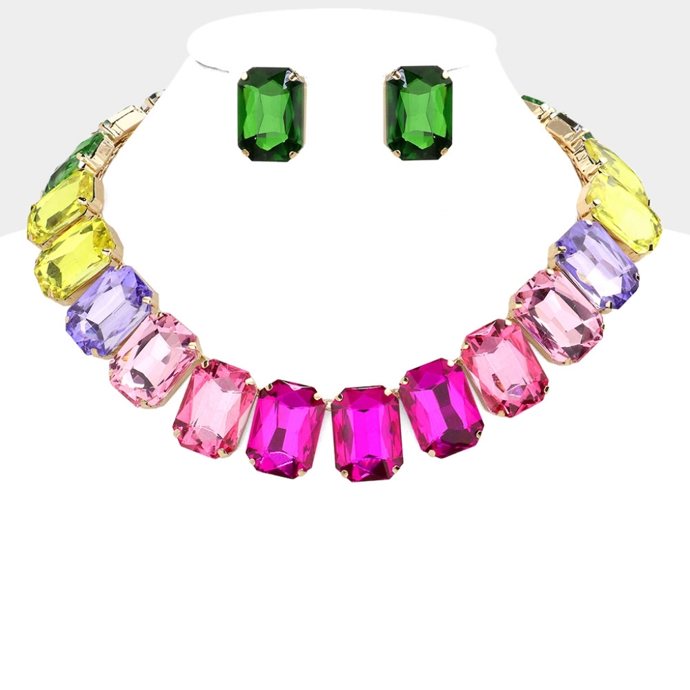 MultiColored Crystal Emerald Stone Chain Set Necklace Bling Evening Jewelry